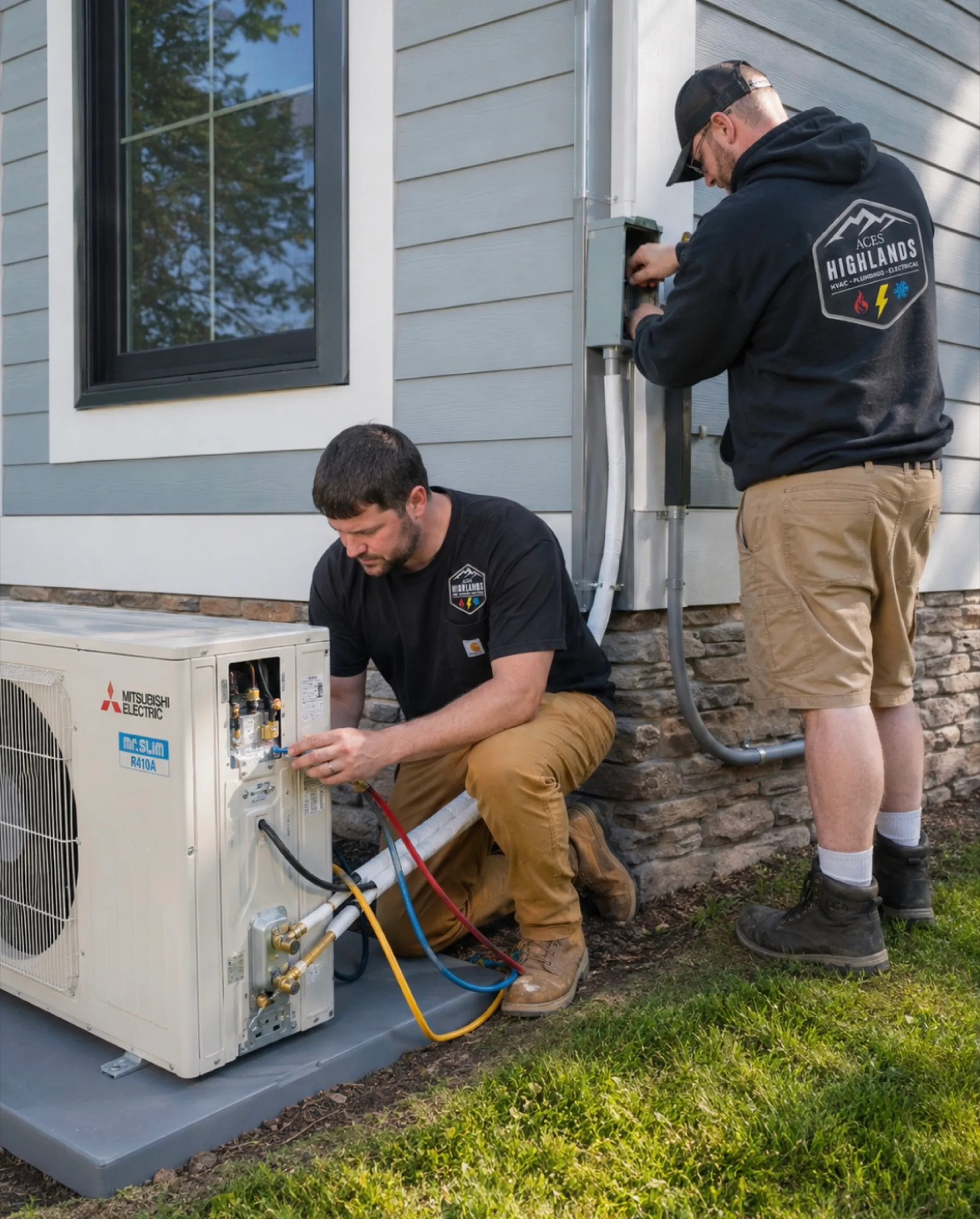 Two Aces Highlands technicians connect a Mitsubishi Electric outdoor heat pump beside a house.