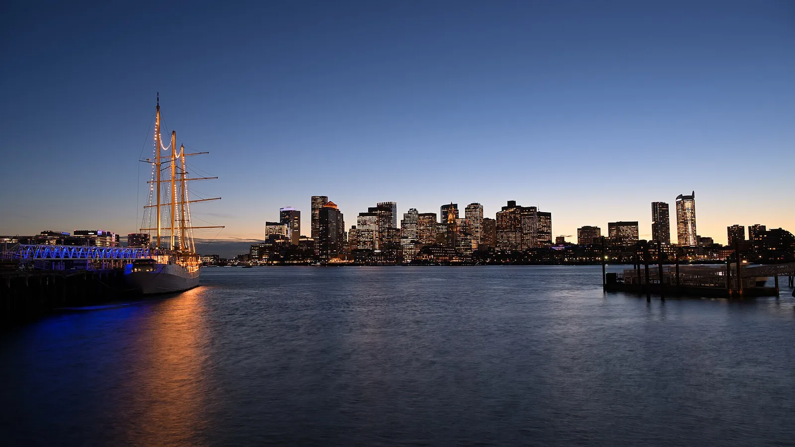 Boston skyline and tall ship at dusk from Jeffries Point November 2025 2