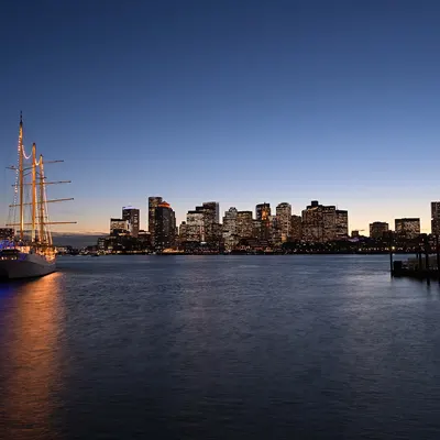 Boston skyline and tall ship at dusk from Jeffries Point November 2025 2